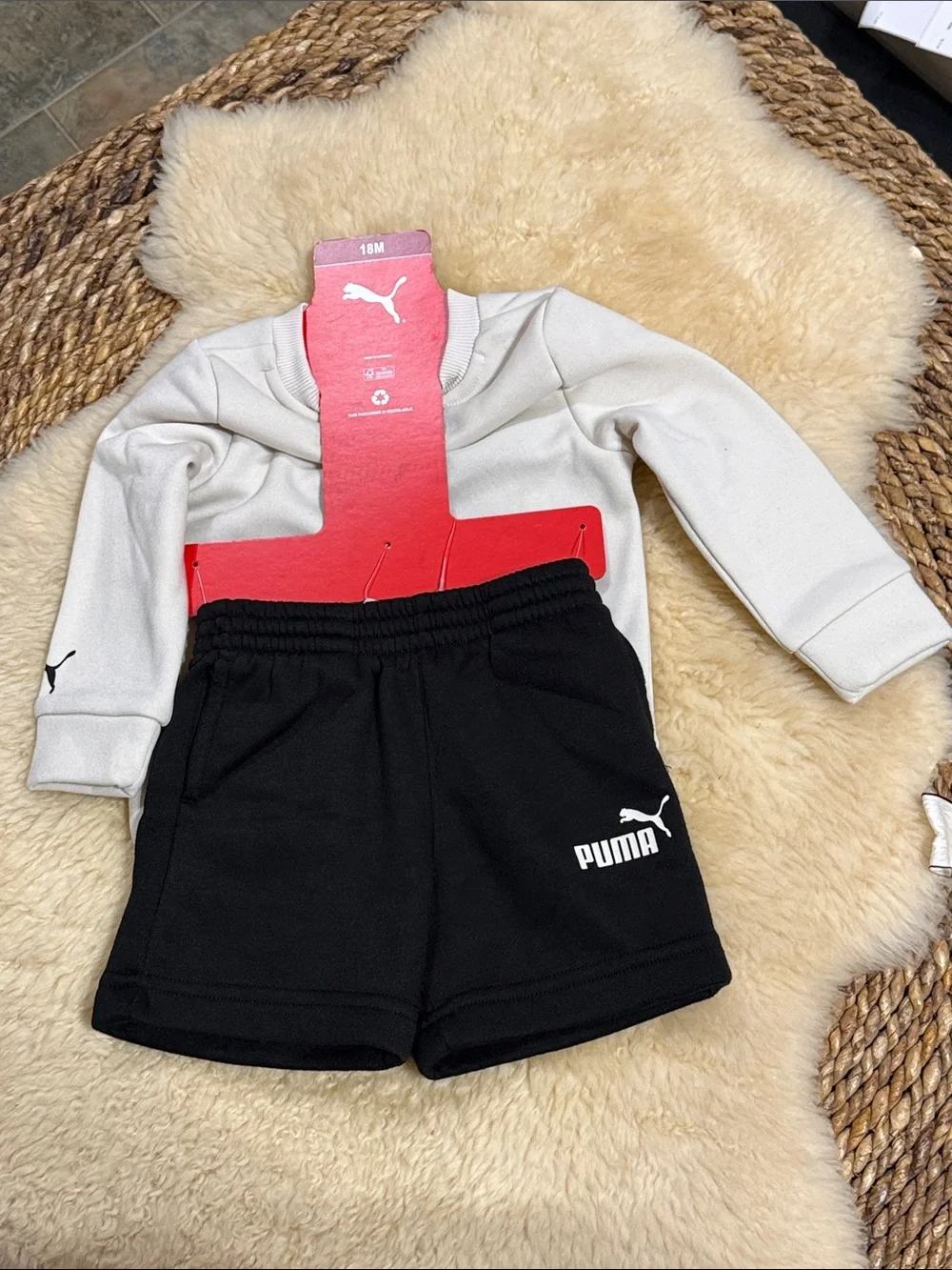 Puma White Crewneck Sweatshirt & Black Shorts Baby Set with Dino Graphic - Picture 2 of 2
